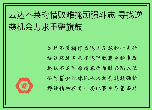 云达不莱梅惜败难掩顽强斗志 寻找逆袭机会力求重整旗鼓