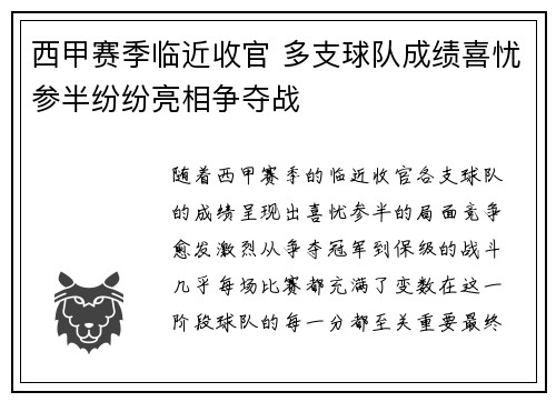 西甲赛季临近收官 多支球队成绩喜忧参半纷纷亮相争夺战