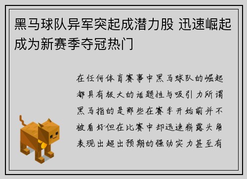 黑马球队异军突起成潜力股 迅速崛起成为新赛季夺冠热门