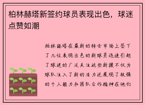 柏林赫塔新签约球员表现出色,球迷点赞如潮