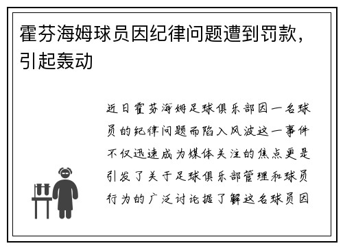 霍芬海姆球员因纪律问题遭到罚款,引起轰动